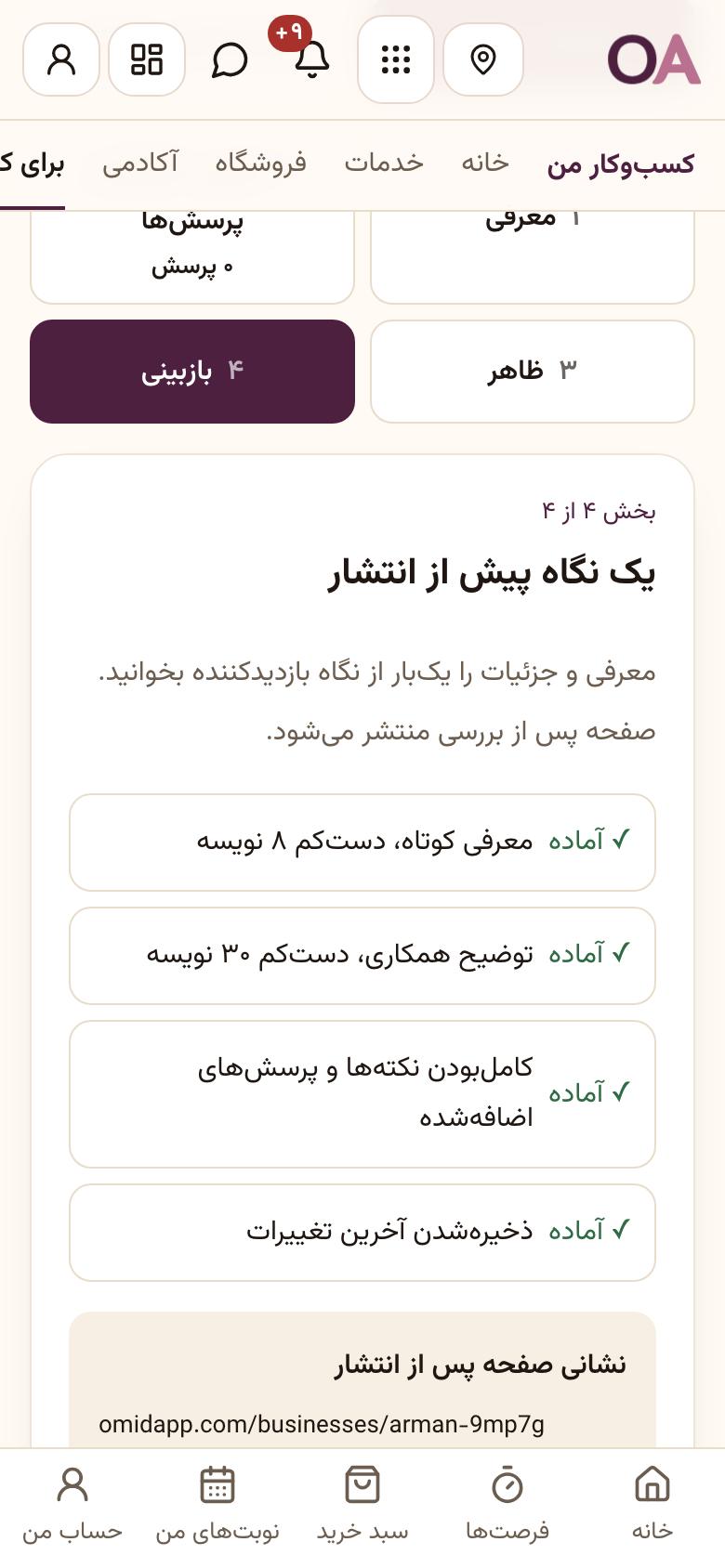 صفحهٔ کسب‌وکار (سایت): بازبینی و انتشار